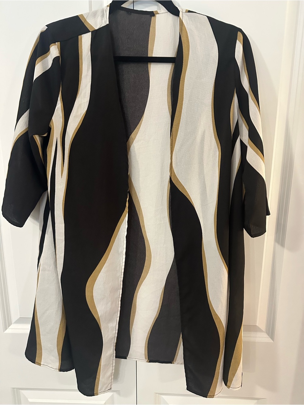 Black White & Gold Striped Open Front Kimono Cardigan